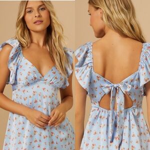 Altar’d State Blue Satin Floral Babydoll Mini Dress Sz XL Coquette Flirty Whimsy